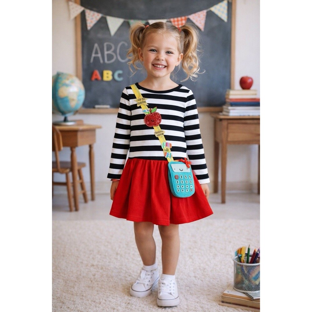 Nannette Kids 3T Teacher Dress Striped Apple Ruler School Red Skirt NWT - Picture 2 of 12